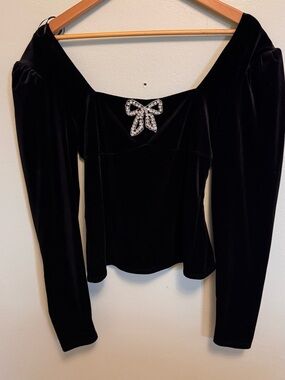 Rachel Zoe Black Velvet Long-Sleeve Top with Crystal Bow Accent